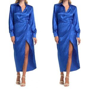 Ronny Kobo Bernice Satin Midi Dress XS Dark Blue Wrap Jacquard Long Sleeves Slit